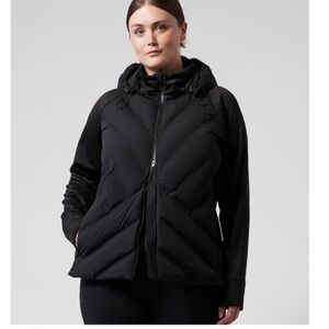 Athleta Inlet Jacket Black Down Puffer Knit Sleeves Hooded Zip Black